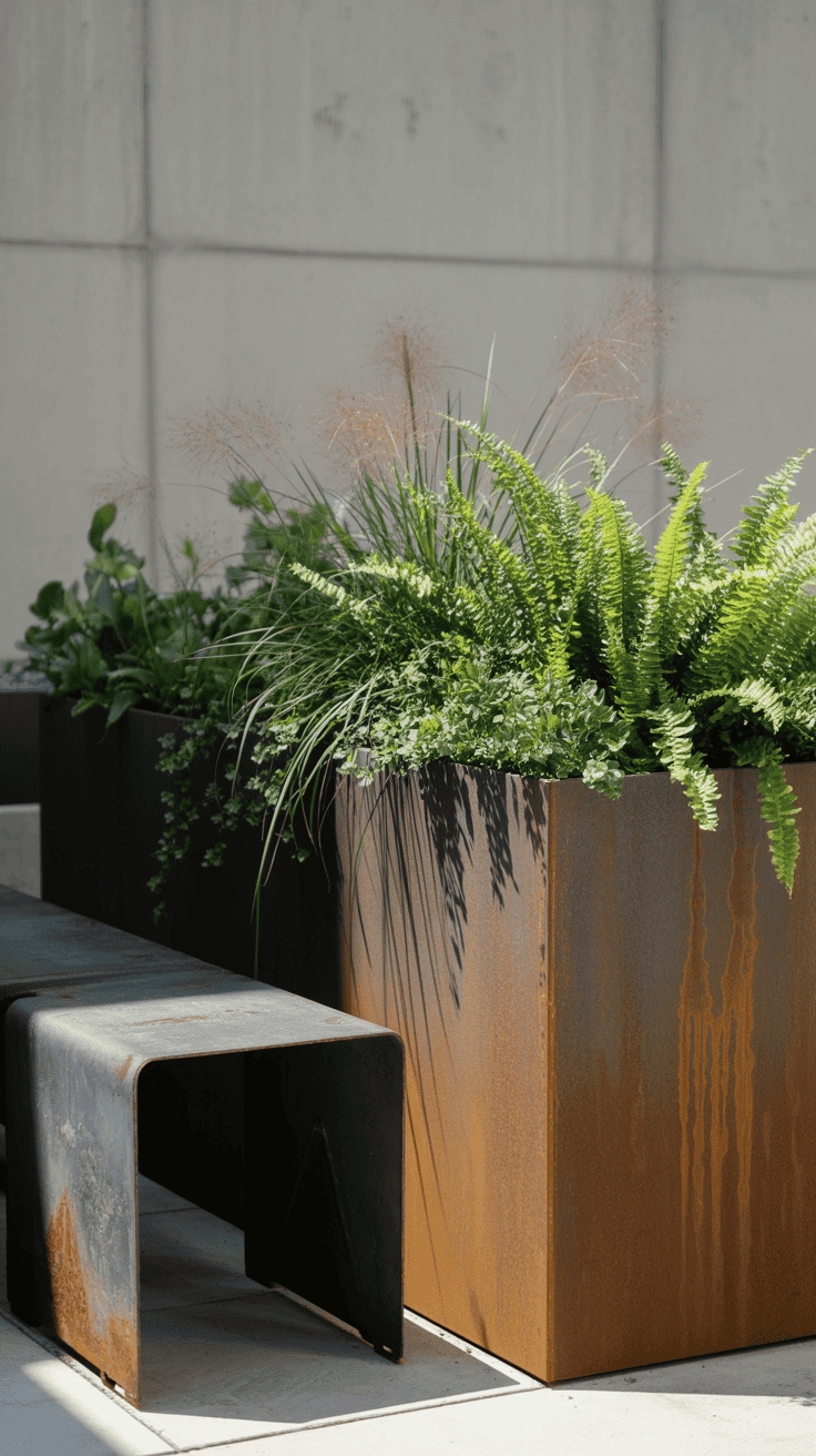 Industriële tuin met grote cortenstalen plantenbak