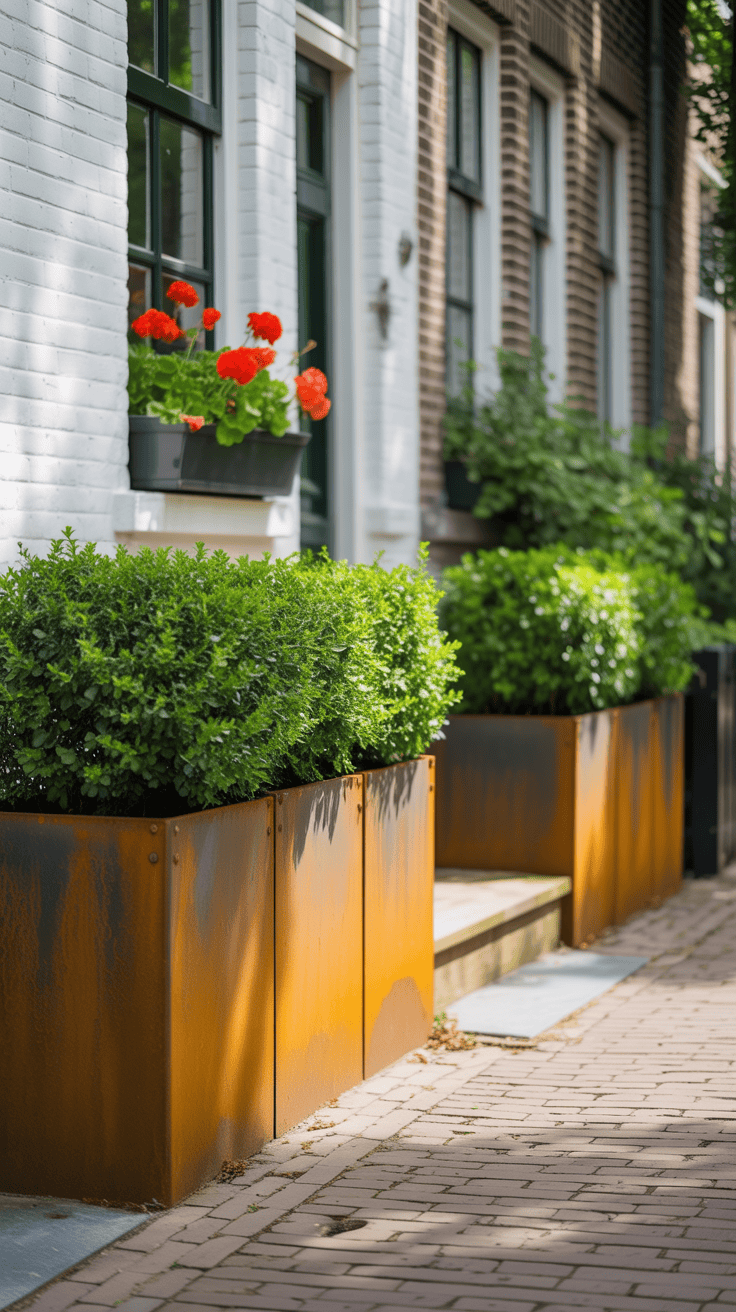 corten plantenbakken in de voortuin