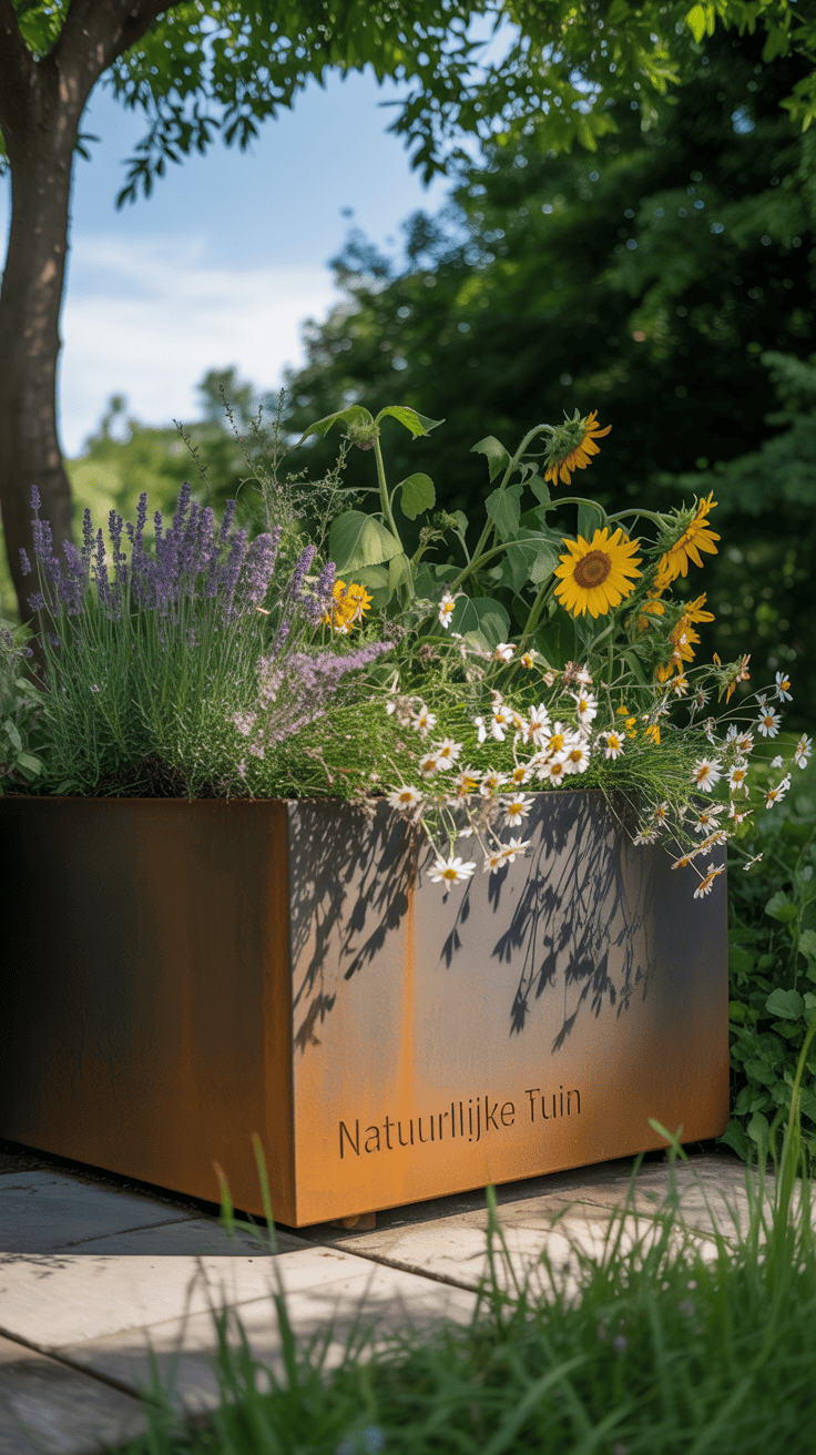 cortenstaal bloemenbak in de tuin