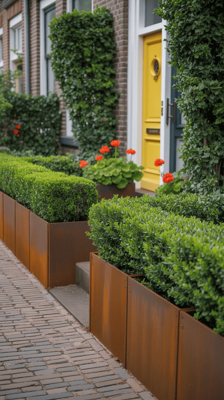 cortenstaal plantenbak als tuinafscheiding voortuin