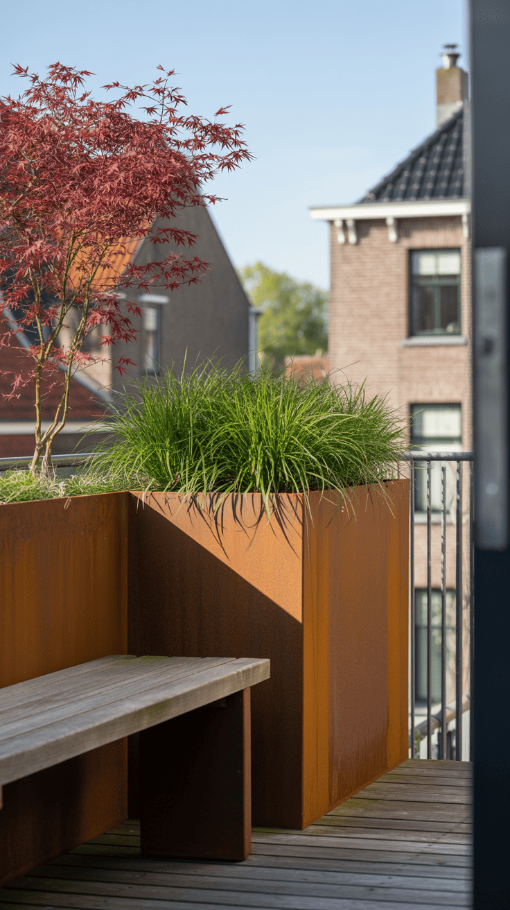 cortenstaal plantenbak op een balkon