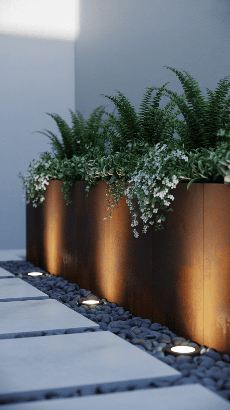 erg grote cortenstaal plantenbak in een moderne tuin