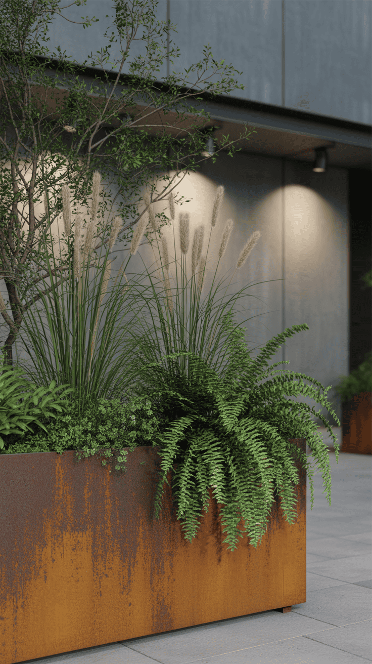 grote cortenplantenbak in een industriele strakke tuin