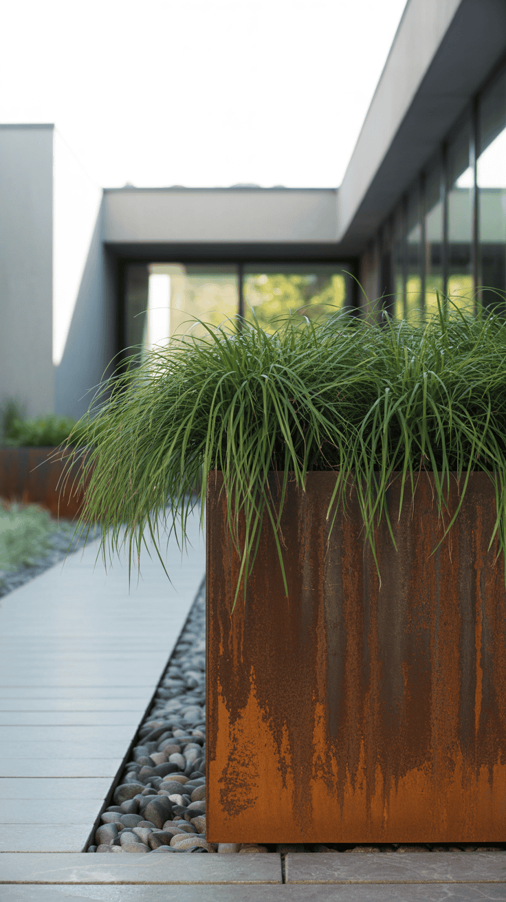 hoge cortenstaal plantenbak in een moderne tuin