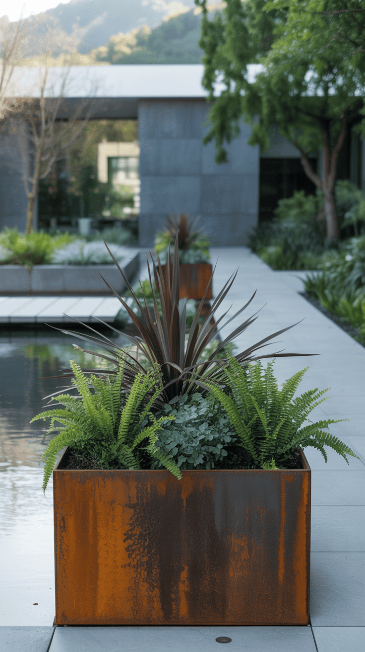 luxe moderne tuin met cortenstalen plantenbak