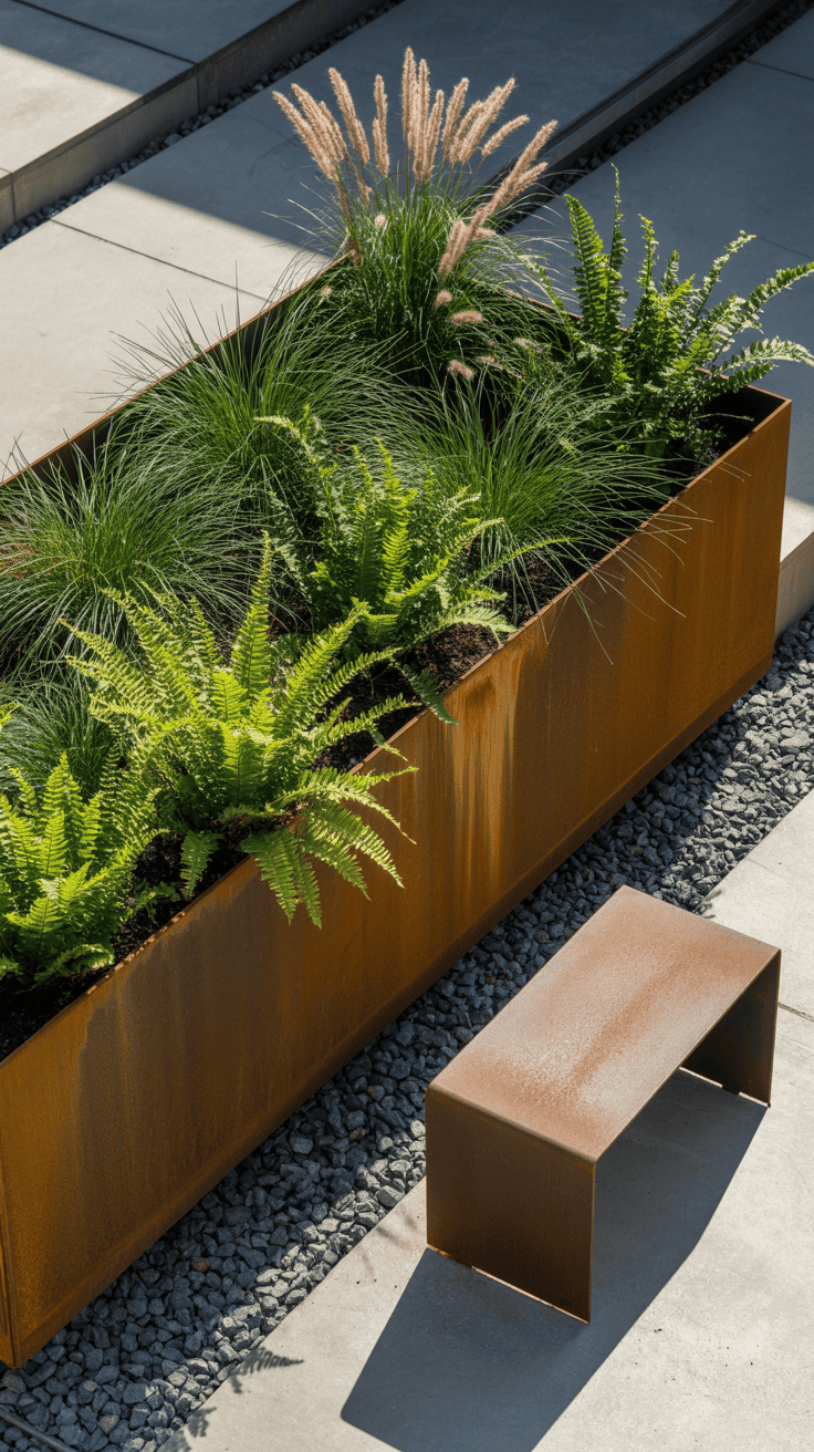 moderne industriele tuin met cortenstaal plantenbak