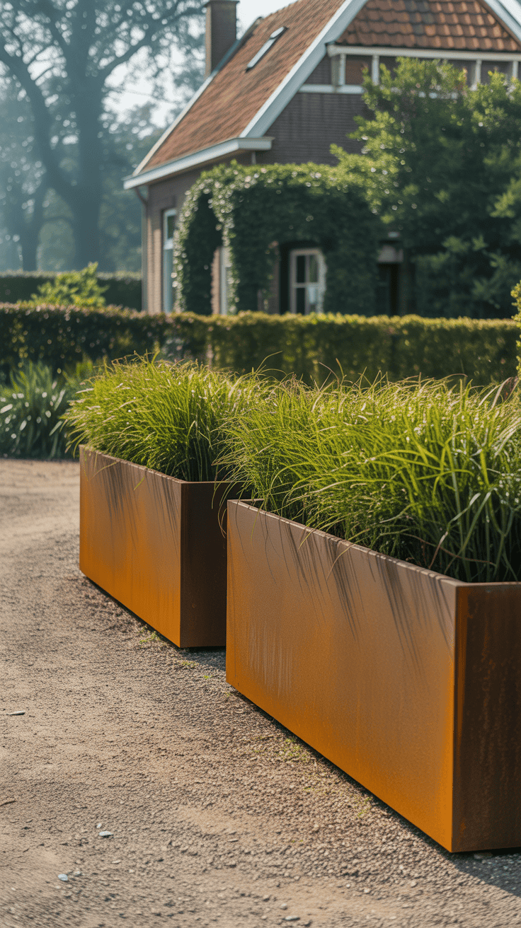 oprit met corten plantenbakken