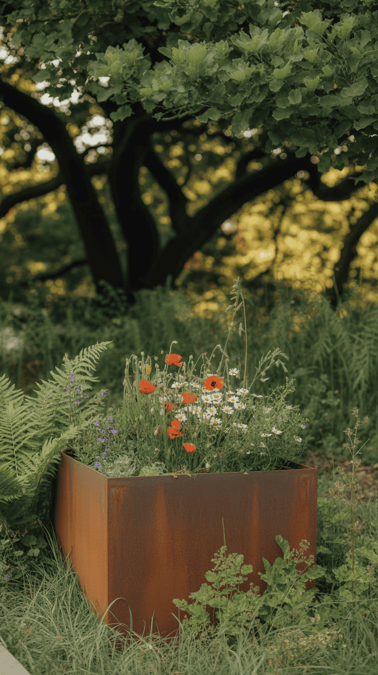 wilde tuin met corten plantenbak vierkant