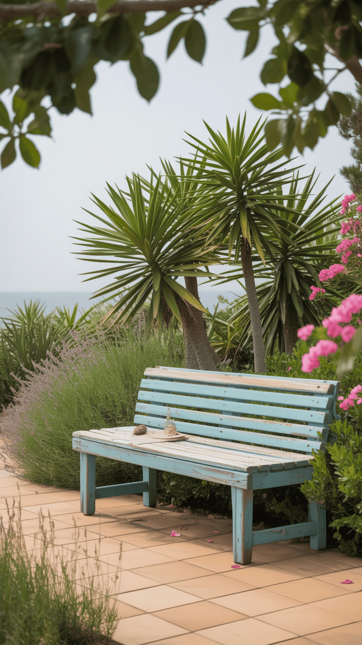Zomerse tuin met strandgevoel: palmbomen, verweerd hout, zandkleurige tegels en mediterrane planten voor een ontspannen sfeer.