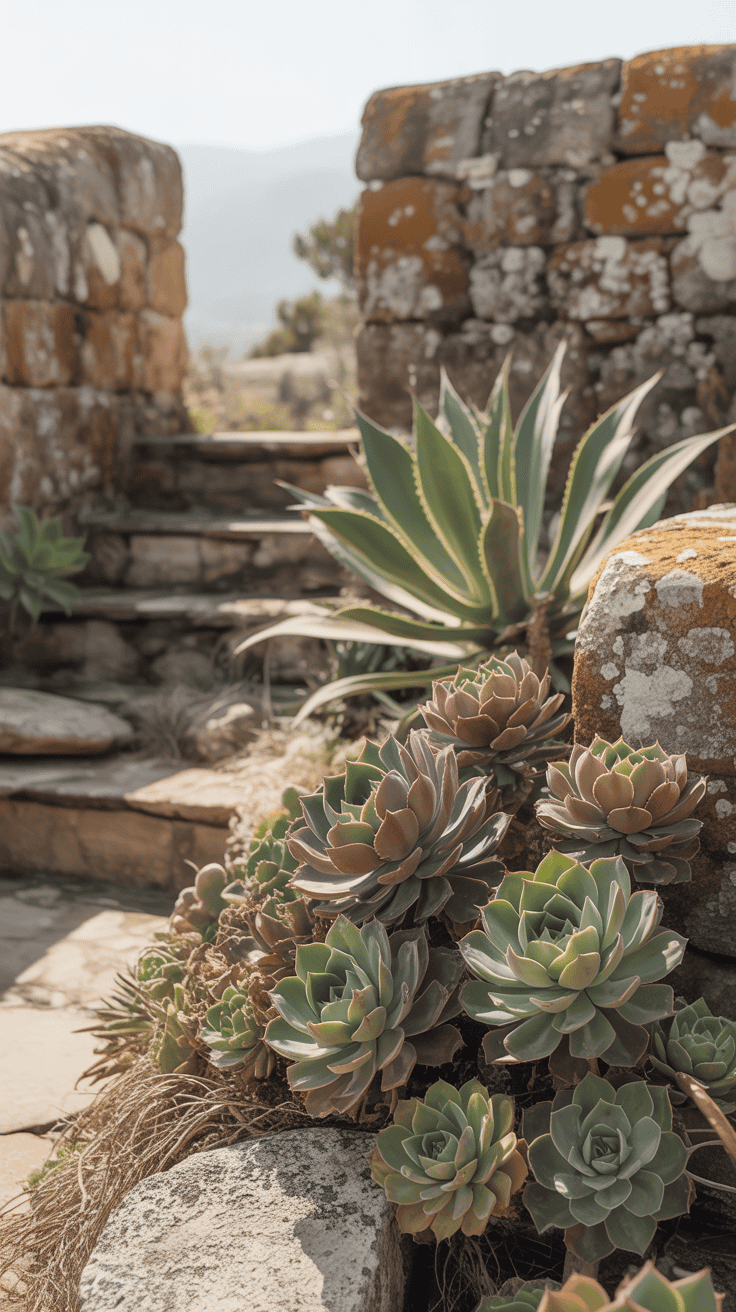 Droogtetolerante mediterrane tuin met vetplanten, agave, grind en oude stenen muren voor een onderhoudsarme luxe look.