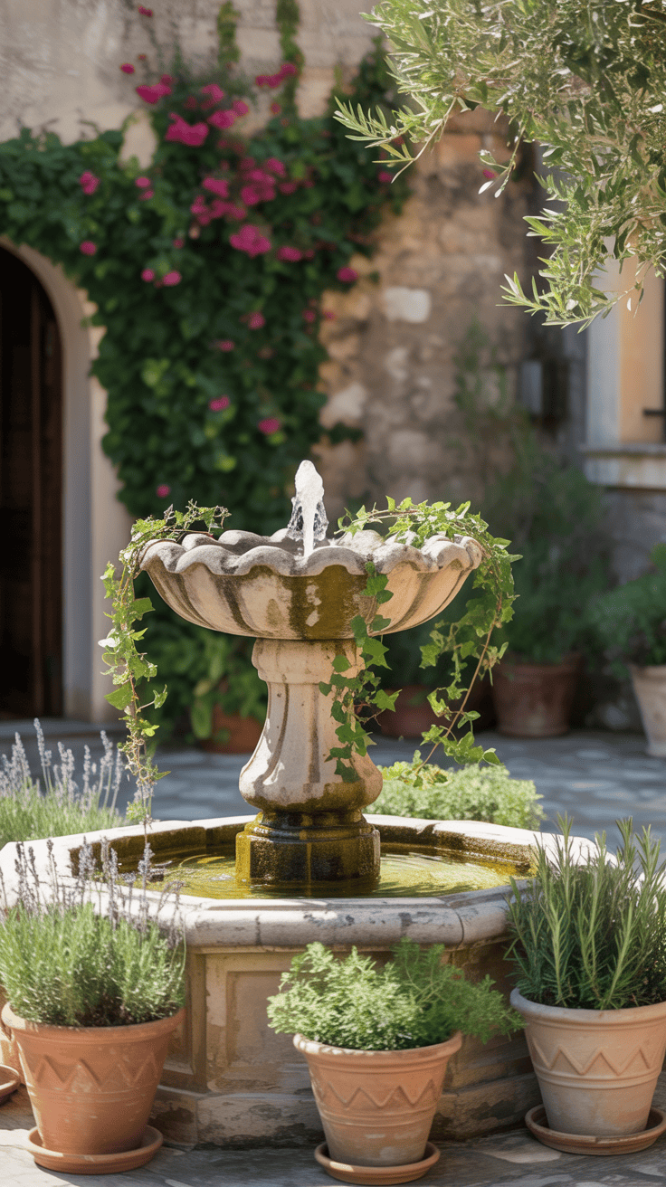 Kleine tuin omgetoverd tot mediterrane oase met lavendel, kruidentuin in potten, sfeerverlichting en waterornament