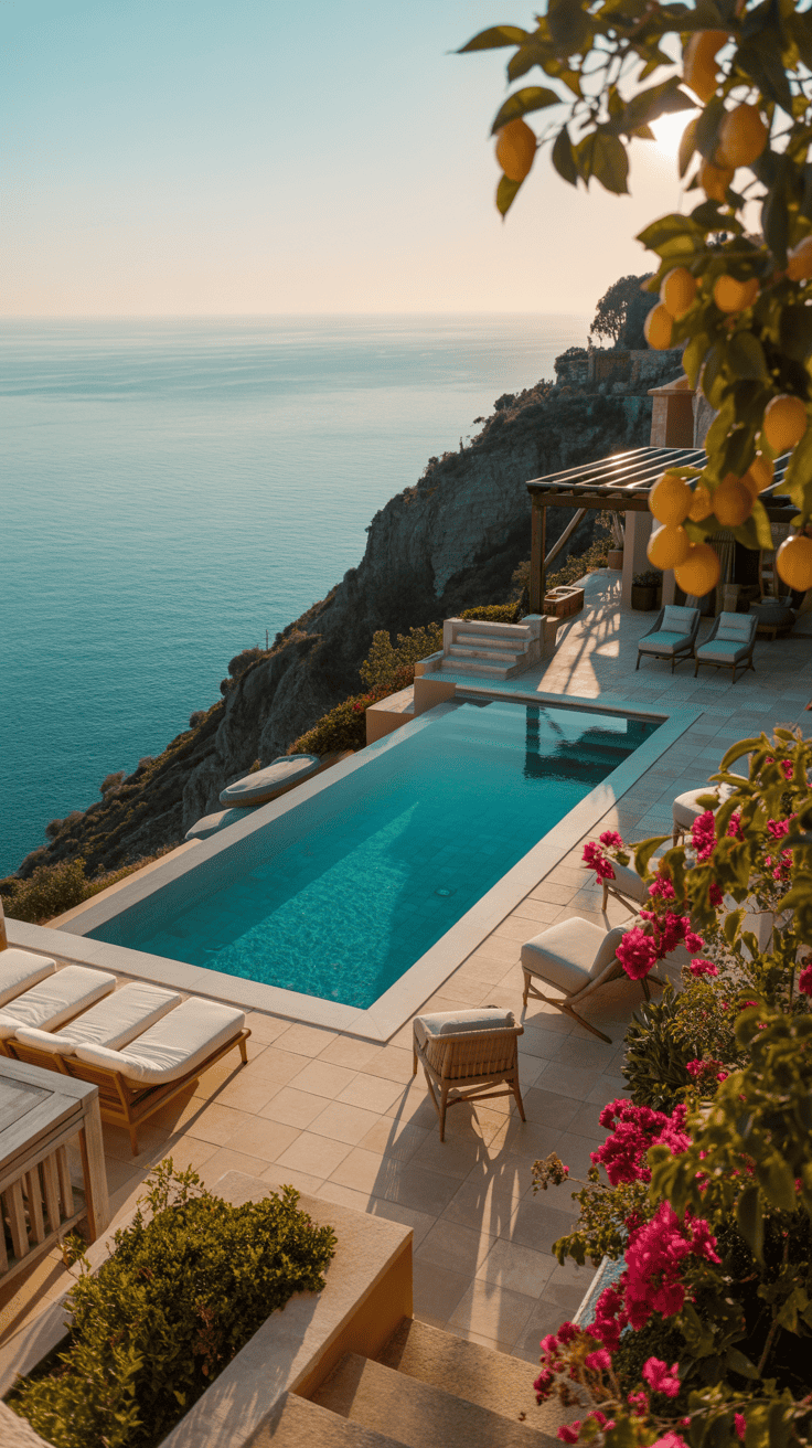 Luxe mediterrane villatuin met infinity pool, travertin tegels, comfortabele ligbedden en weelderige zuiderse beplanting.