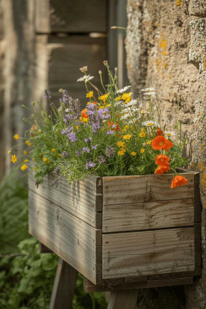 houten-muur-plantenbak-met-wilde-bloemen-bevestigd-aan-een-stenen-muur