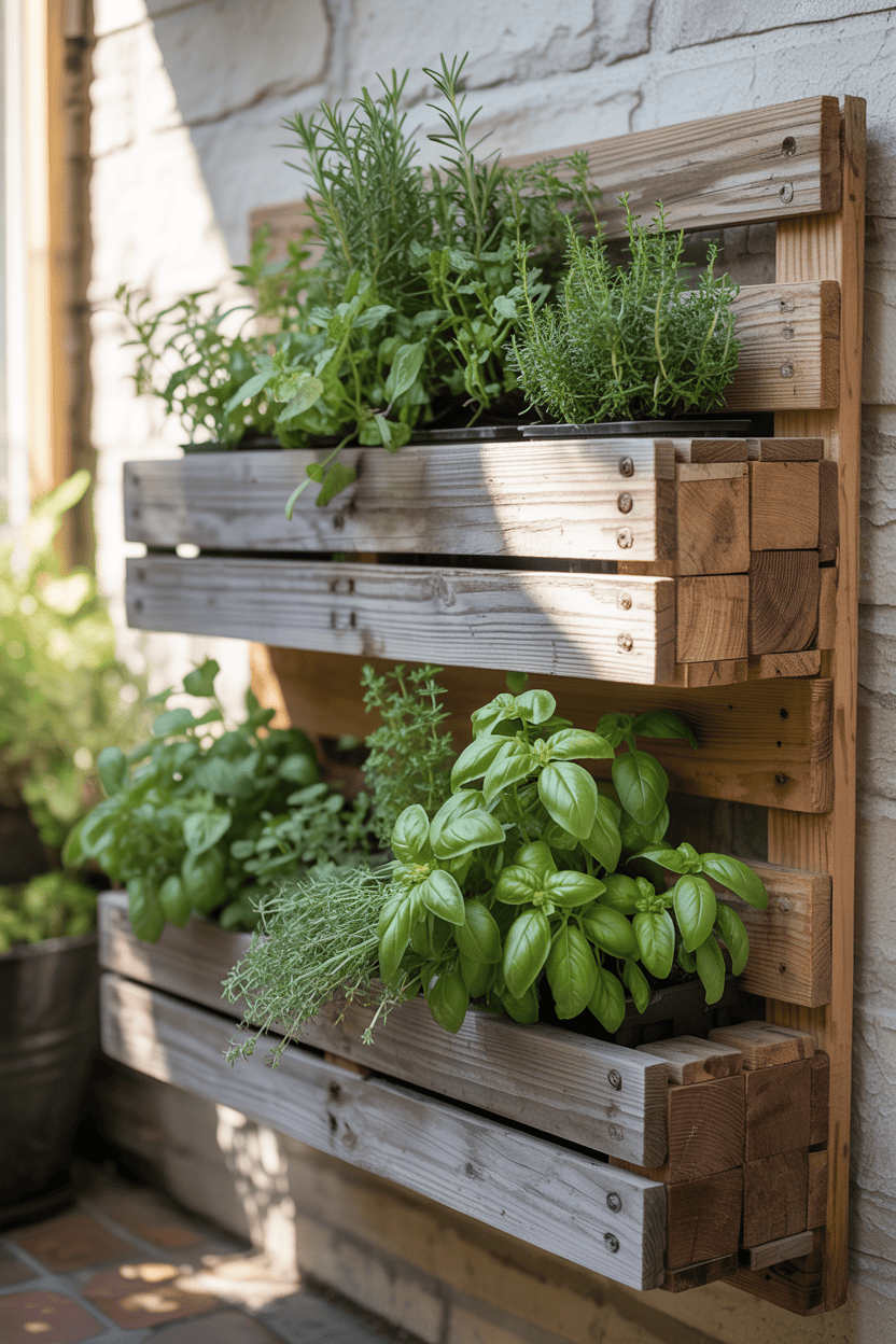 muur-plantenbak-gemaakt-van-hergebruikte-houten-pallets-gevuld-met-kruiden