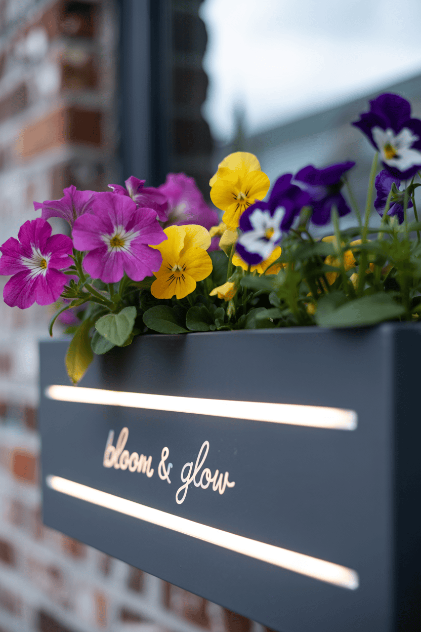 Muur plamuur-plantenbak-met-ingebouwde-LED-lichtjes-en-kleurrijke-bloemenntenbak inspiratie