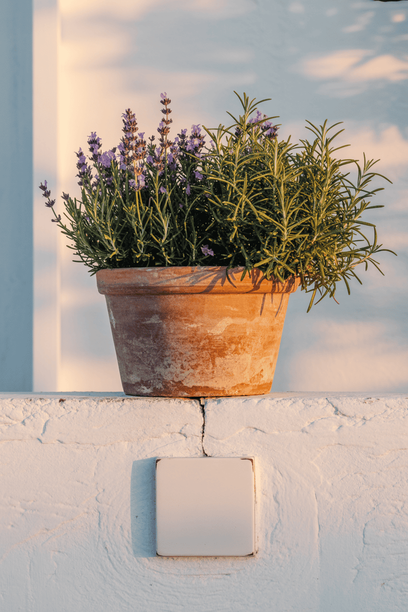 muur-plantenbak-van-terracotta-met-lavendel-en-rozemarijn-aan-een-witte-gevel