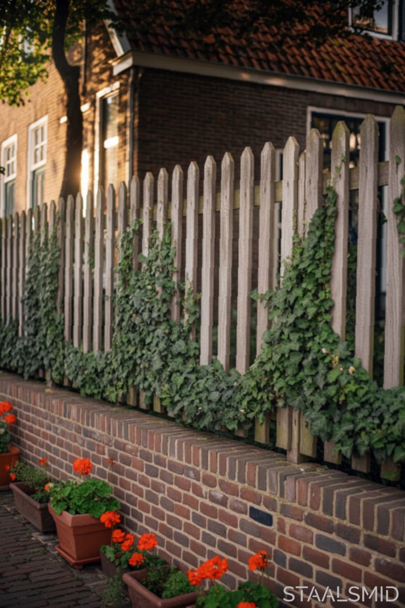 Tuin rijtjeshuis met houten hekwerk op een muurtje