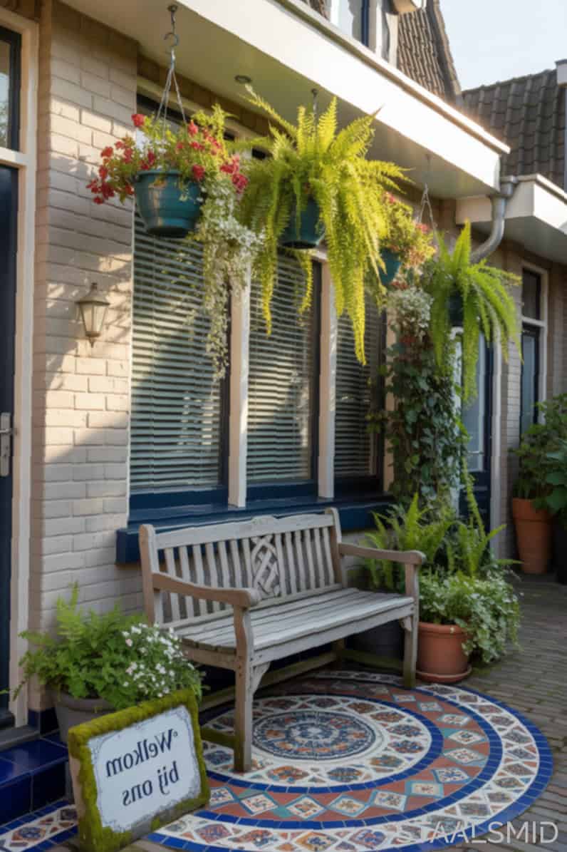 Tuin rijtjeshuis met speelse boho voortuin