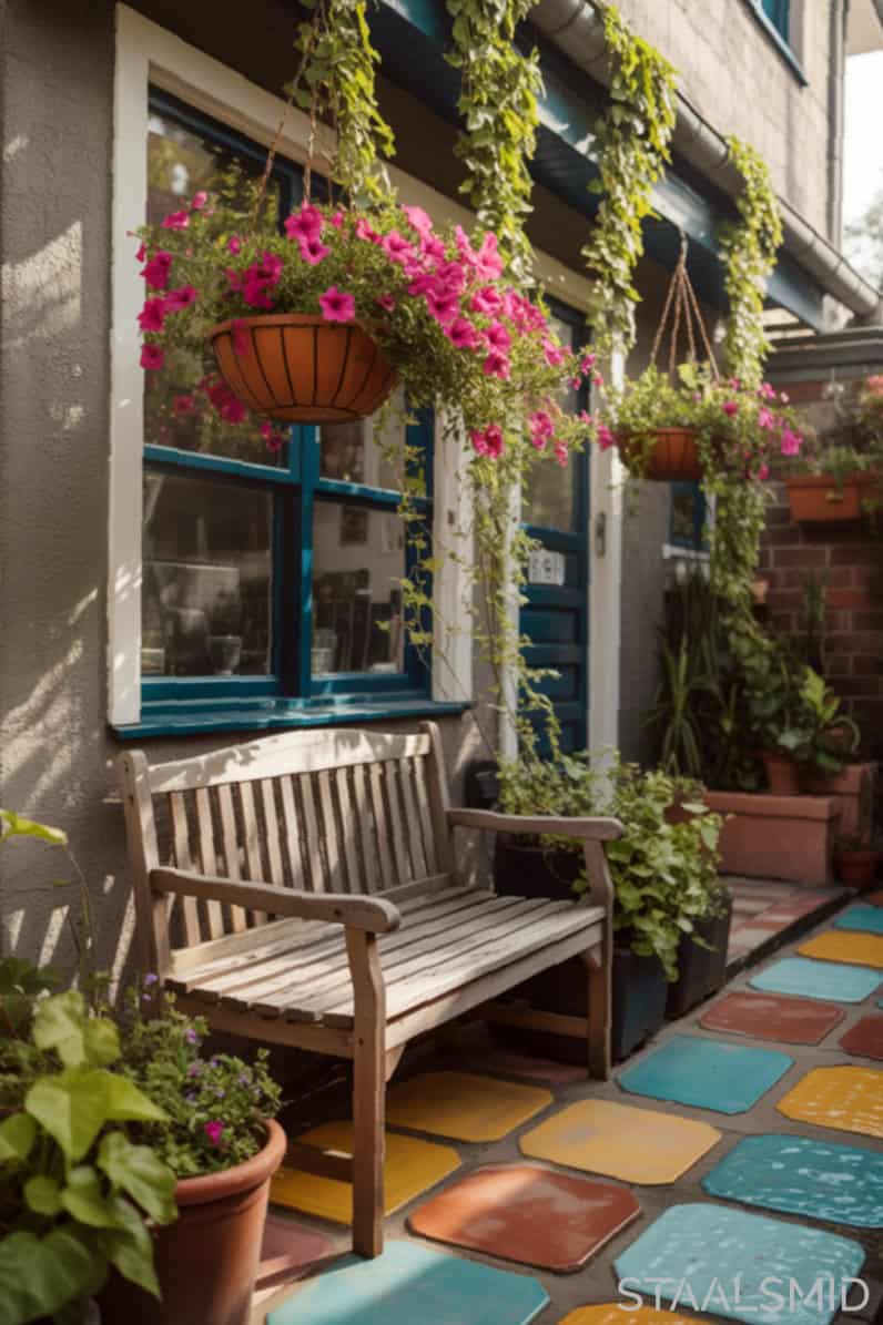Voortuin van een rijtjeshuis met een speelse boho-stijl vol natuurlijke materialen, kleurrijke accenten en een ontspannen sfeer