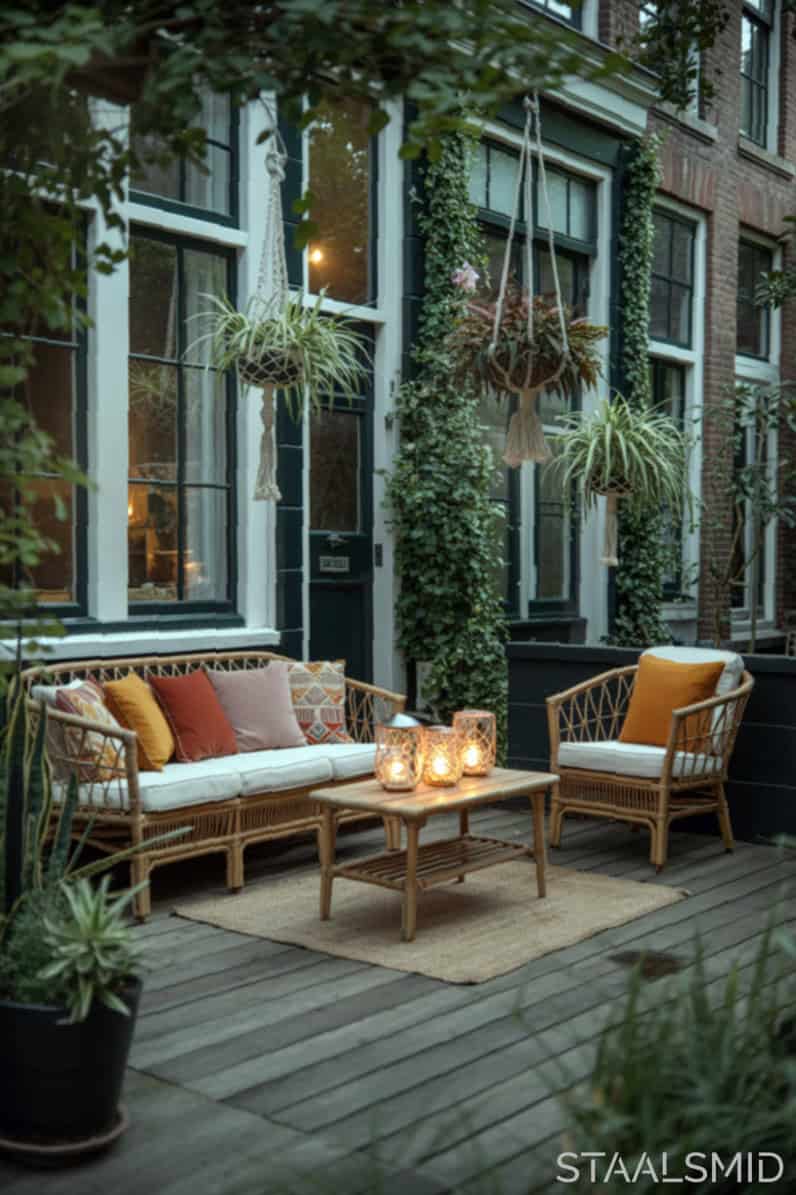 Rijtjeshuistuin met een sfeervolle boho zithoek, ingericht met zachte kussens, natuurlijke materialen en relaxte styling