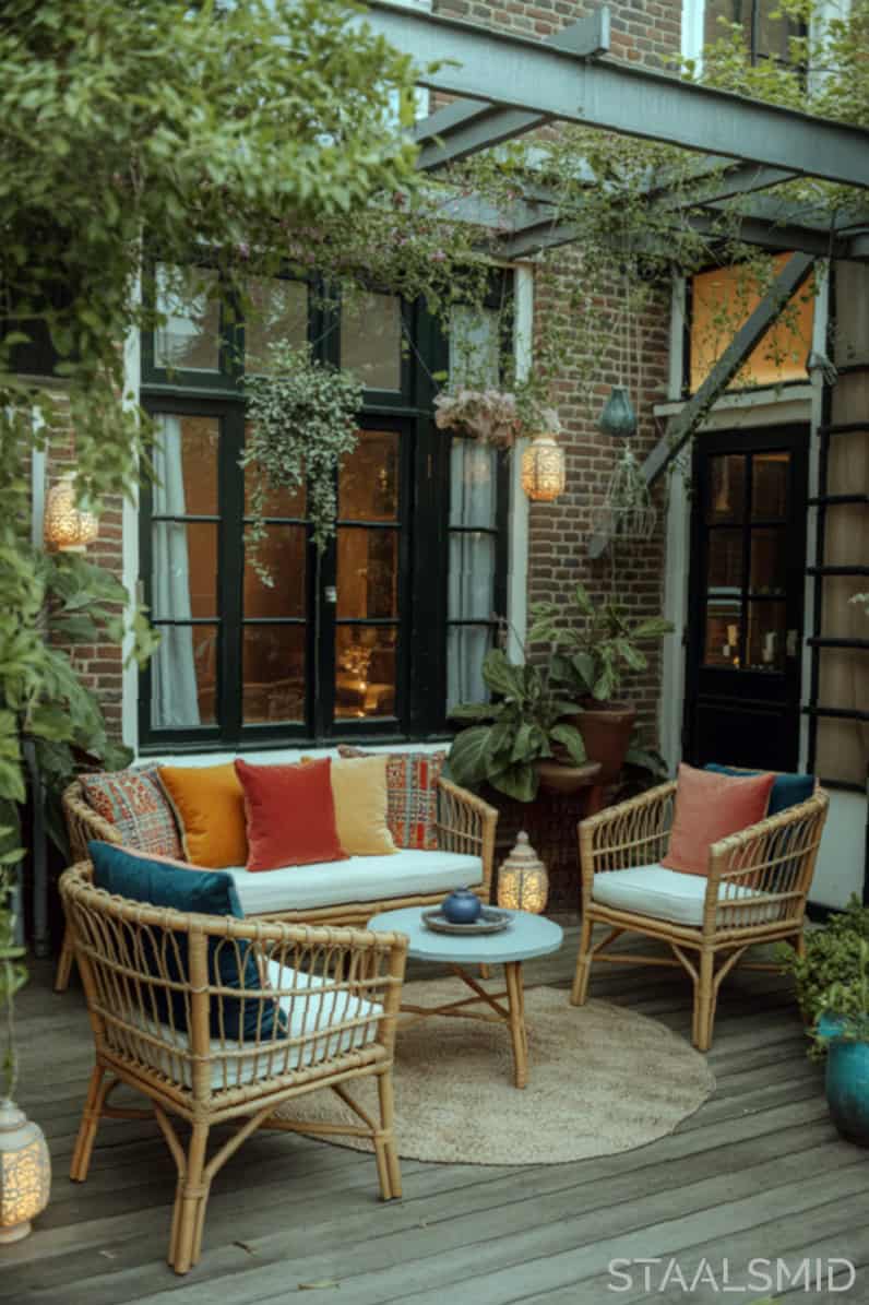 Inspirerende achtertuin bij een tussenwoning met een creatieve boho loungeplek vol textiel, planten en nonchalante charme