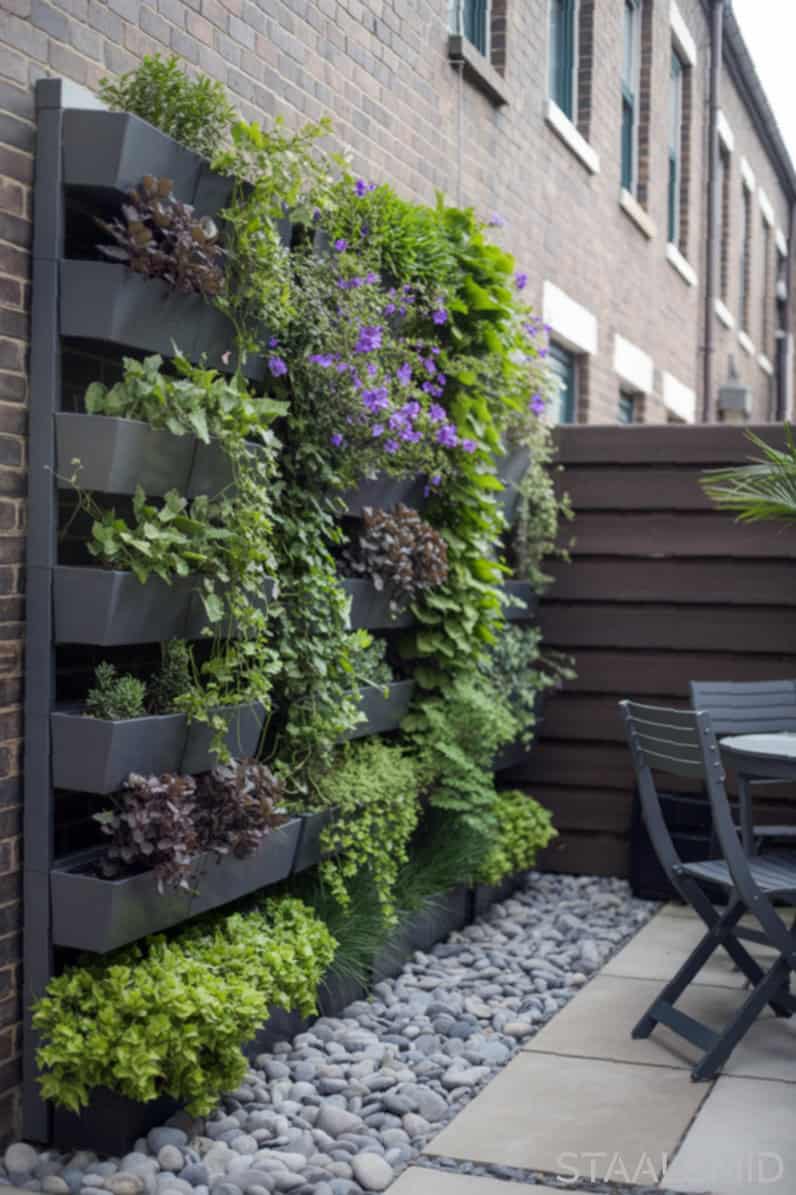 Slim ingerichte tuin bij een rijtjeshuis met ruimtebesparende elementen zoals verticale beplanting en multifunctioneel meubilair