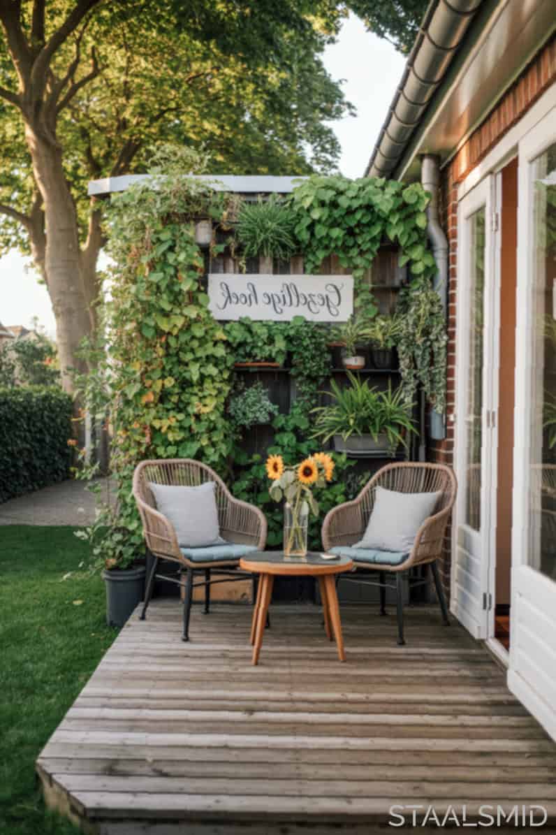 Kleine achtertuin bij een rijtjeshuis, creatief ingericht met praktische en sfeervolle tuinideeën